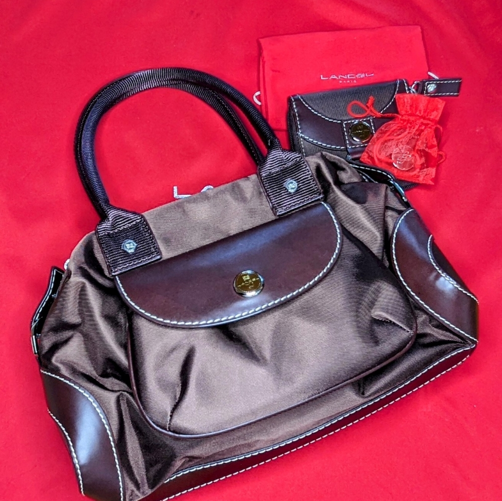 Lancel Paris Handbag with wallet Tobacco brown textile trimmed with leather NWT